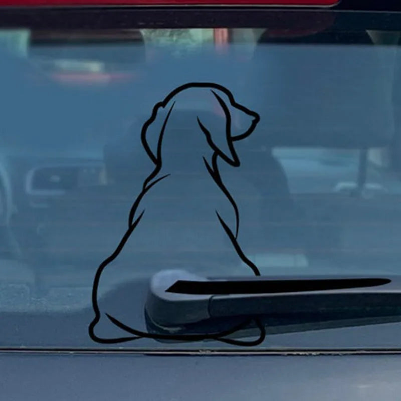Black and white options of a cartoon dog with wiper rear window car sticker set showing body and tail dimensions.