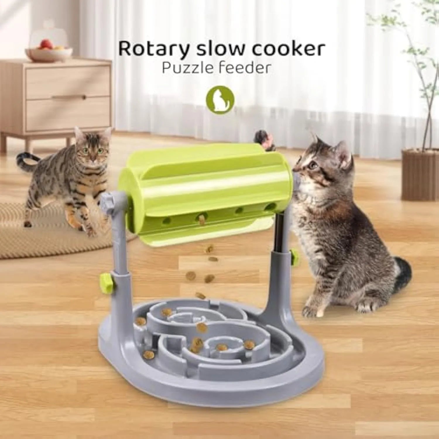 Interactive pet puzzle feeder with adjustable height and coloured plastic construction