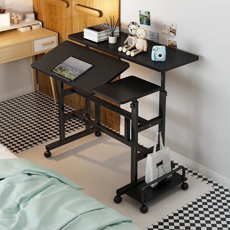 Mobile computer lifting foldable standing desk in bedroom with adjustable height and modern simple style