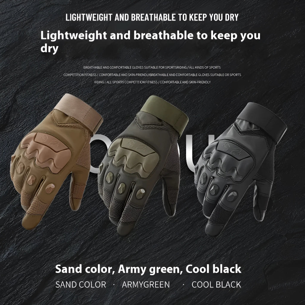 Men's black tactical full-finger gloves with touch screen capability on the fingertips.