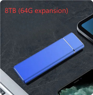 Sapphire blue metal external solid state hard disk with USB cable on a white surface
