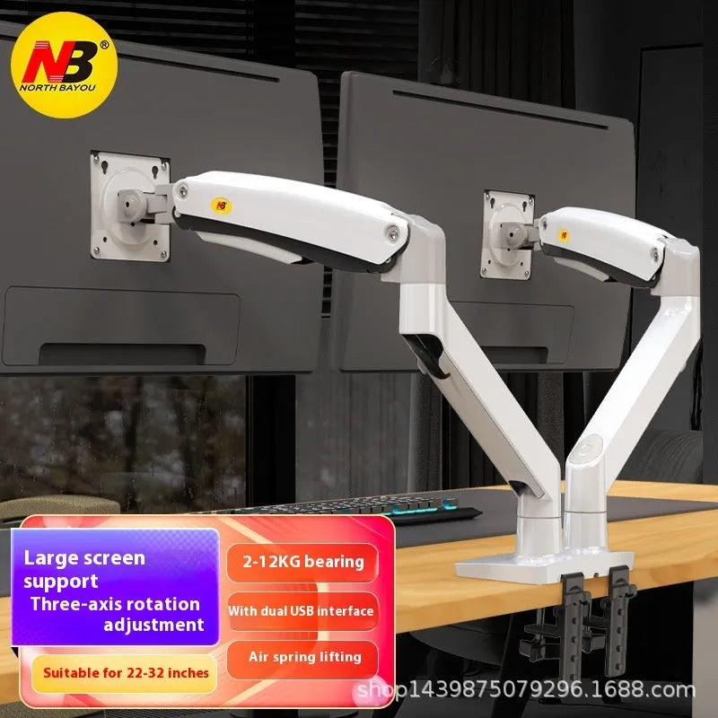 Gun black aluminium alloy dual monitor arm holding two screens on a desktop