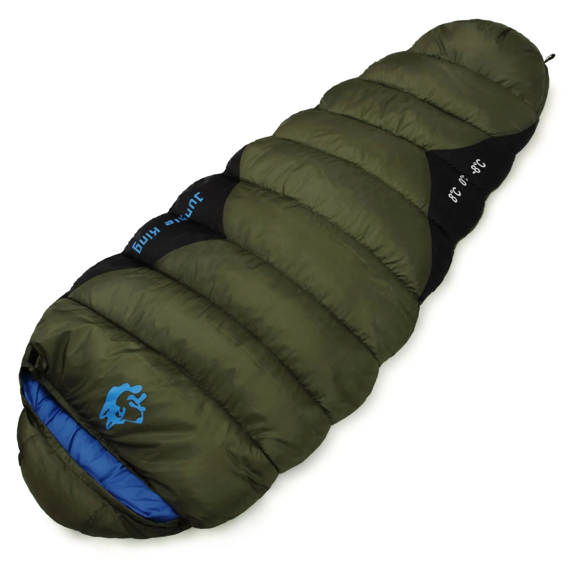 Cotton sleeping bag in Army Green colour compressed inside its storage bag alongside the unfolded sleeping bag.