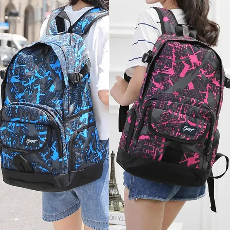 Classic blue nylon backpack with large main compartment and adjustable straps.