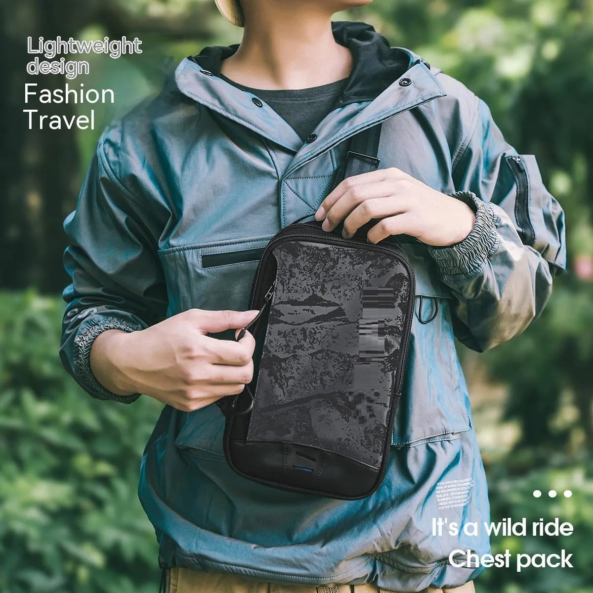 Casual black TPU camouflage chest bag with square vertical silhouette and single shoulder strap