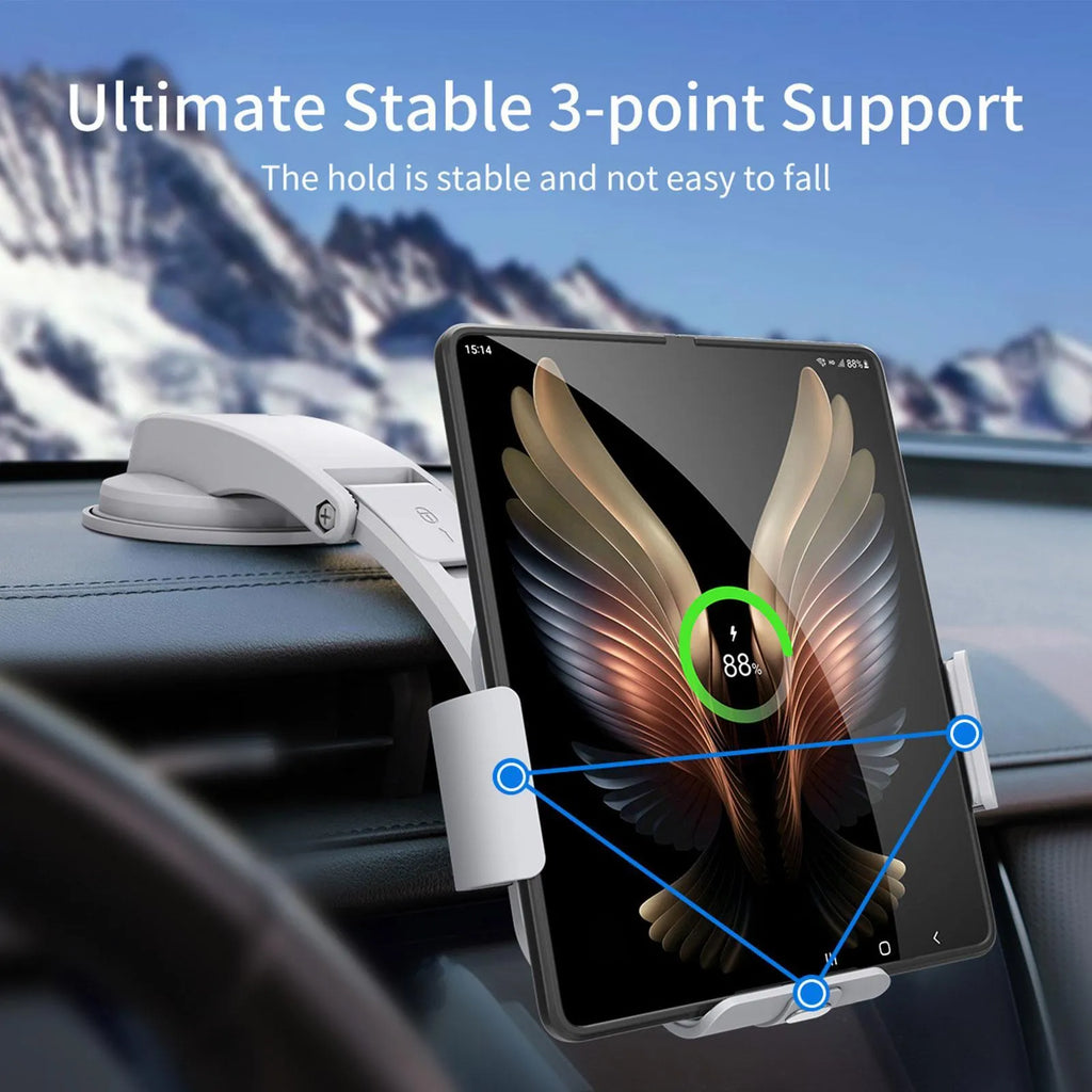 Grey wireless charging car phone holder with folding screen on car dashboard