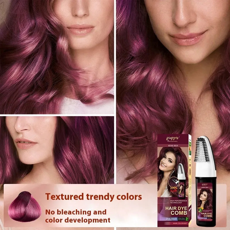 Hair dye colouring comb kit showing brown, wine red, and dark brown 200ML bottles with an application brush