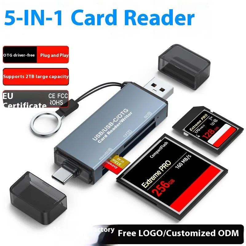 Aluminium CF SD TF three-in-one card reader with USB 2.0 interface and compact 9.2cm design