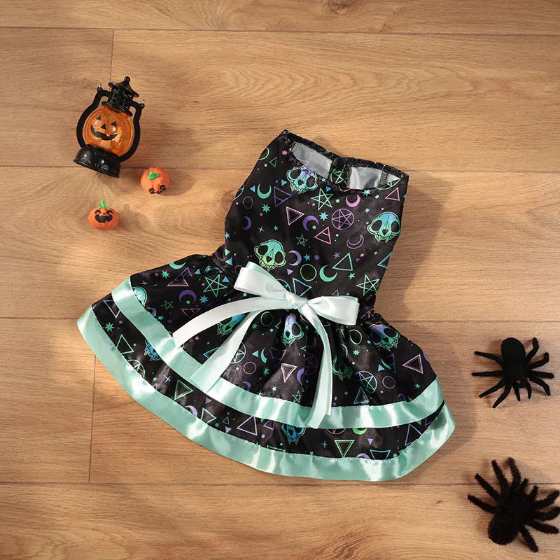Halloween pet skirt for dogs with colourful pumpkin or skull print on double-layer polyester