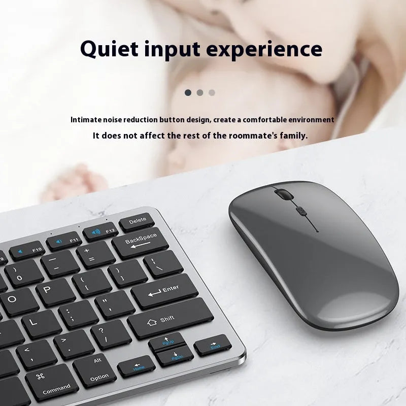 Ultra-thin silent wireless keyboard and rechargeable mouse set in black, gunmetal, or silver.