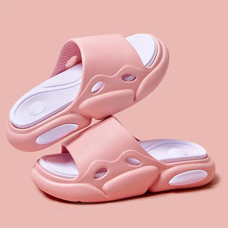 Two-colour EVA foam couple slippers with thick soles and leather lining in black white combination