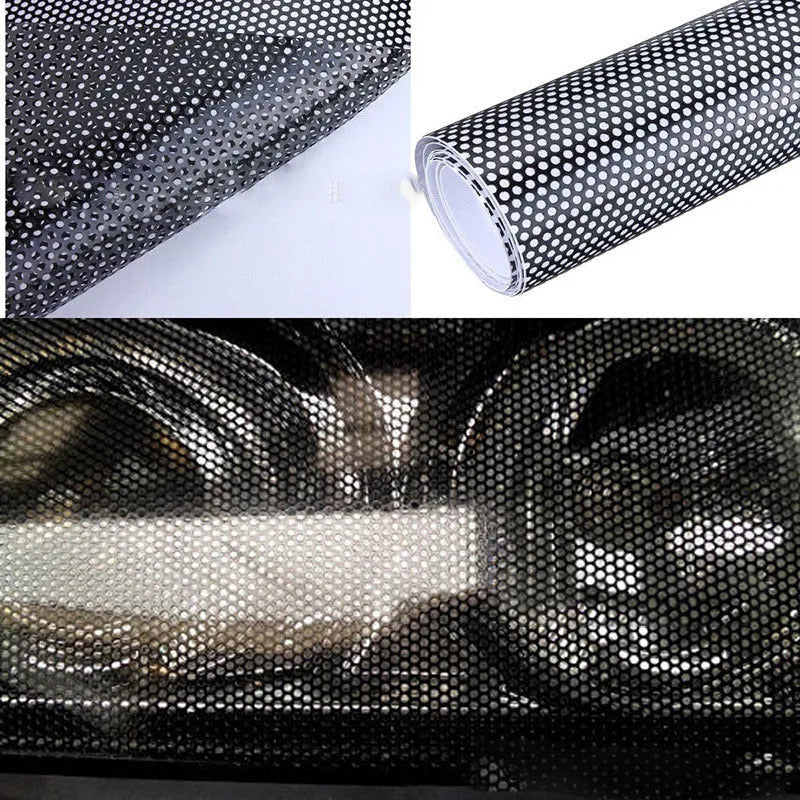 Plastic automotive colour changing perforated film measuring 30 by 106 cm with mesh pattern