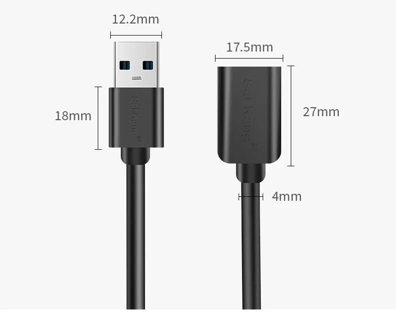Black USB extension cable with male and female connectors showing shielded design for data transfer