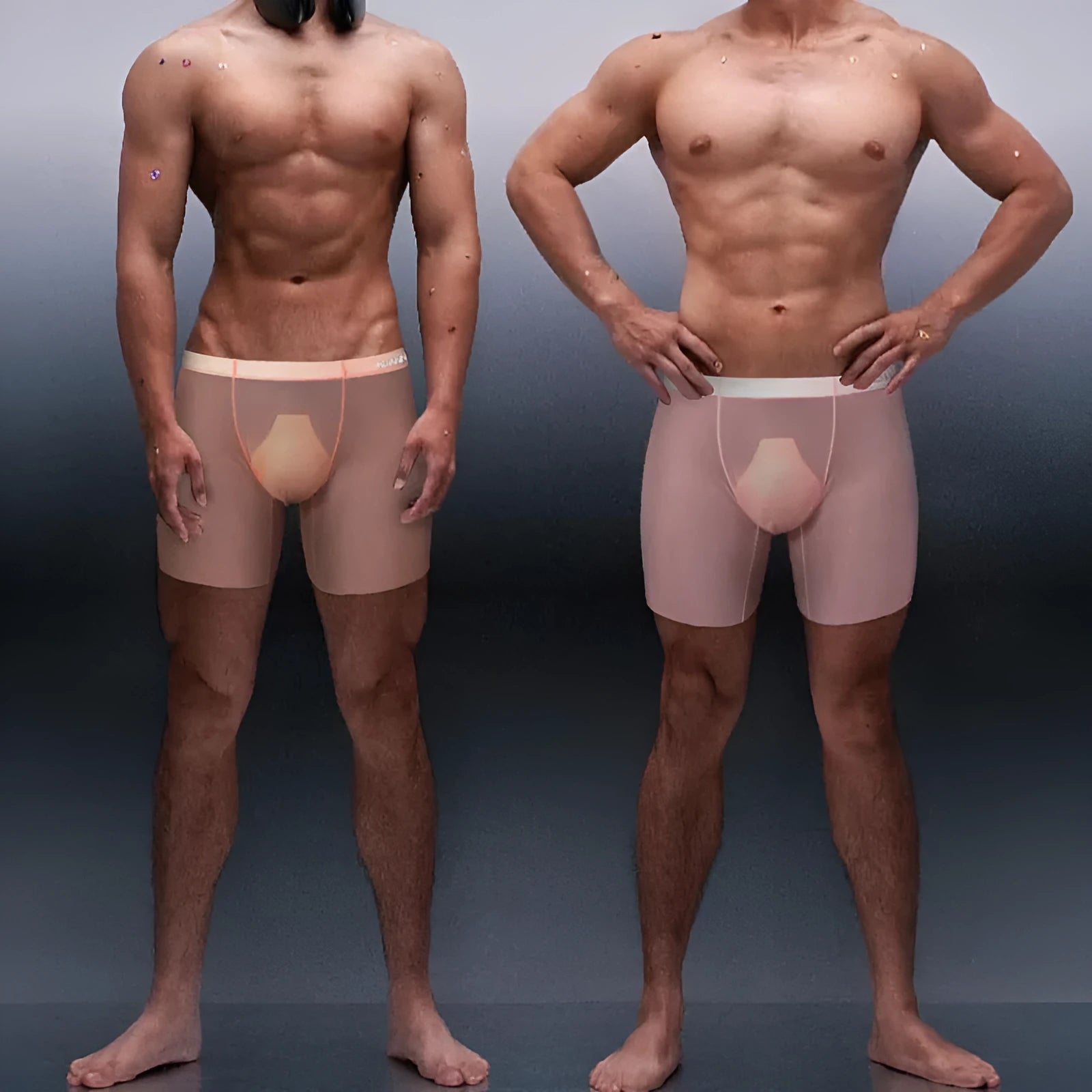 Seamless nylon men's sports shorts in orange, pink, or red with low waist and hip-lifting design.