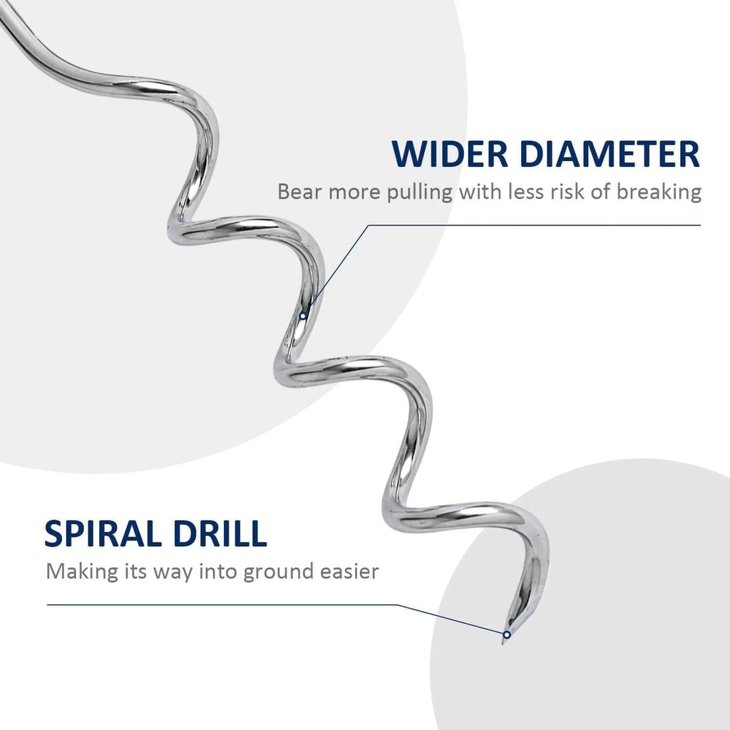 Silver spiral dog tie out stake for ground anchoring in outdoor sandy soil conditions