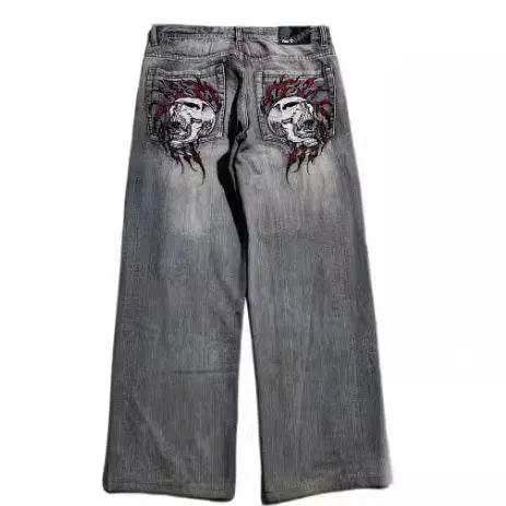 Men's washed-out grey wide-leg jeans with straight cut and mid-waist fit