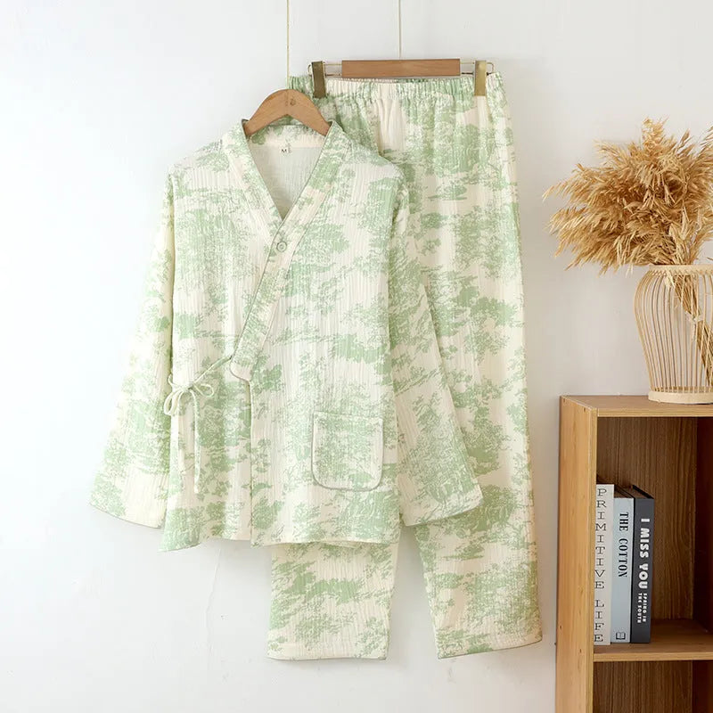 Women's pure cotton gauze long sleeve trouser suit in frosted pine trees colour