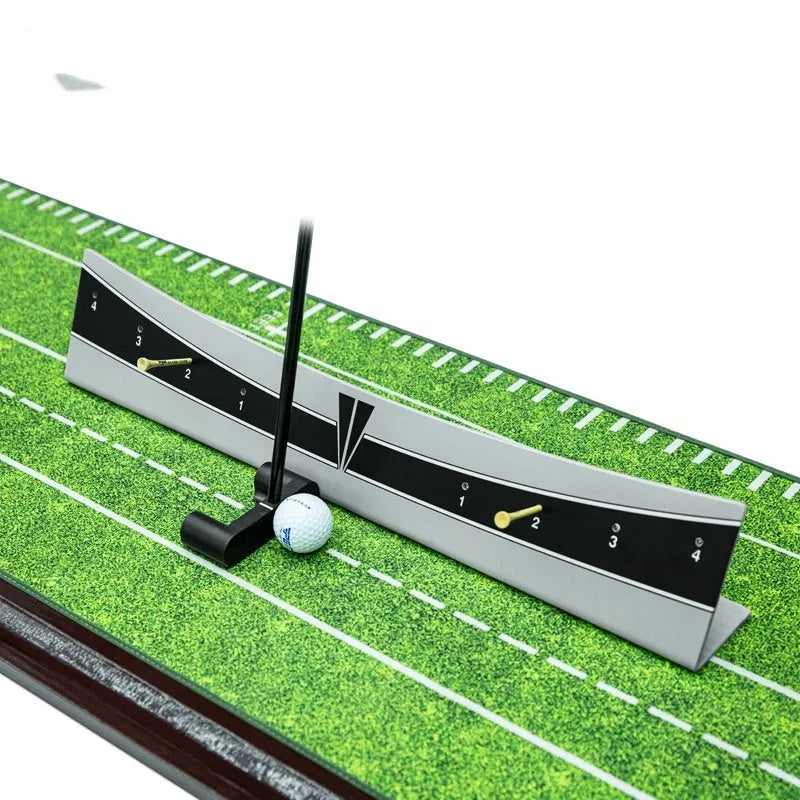 Adjustable golf putter trajectory balance simulator with PVC construction on a flat indoor surface.
