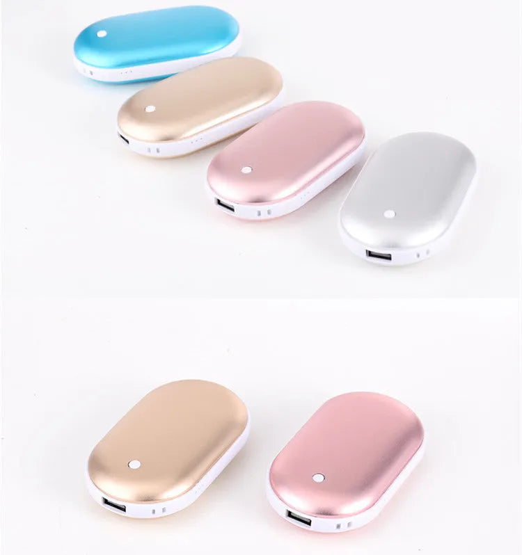 Rechargeable mini hand warmer and power bank device showing various colour options including rose gold and sky blue