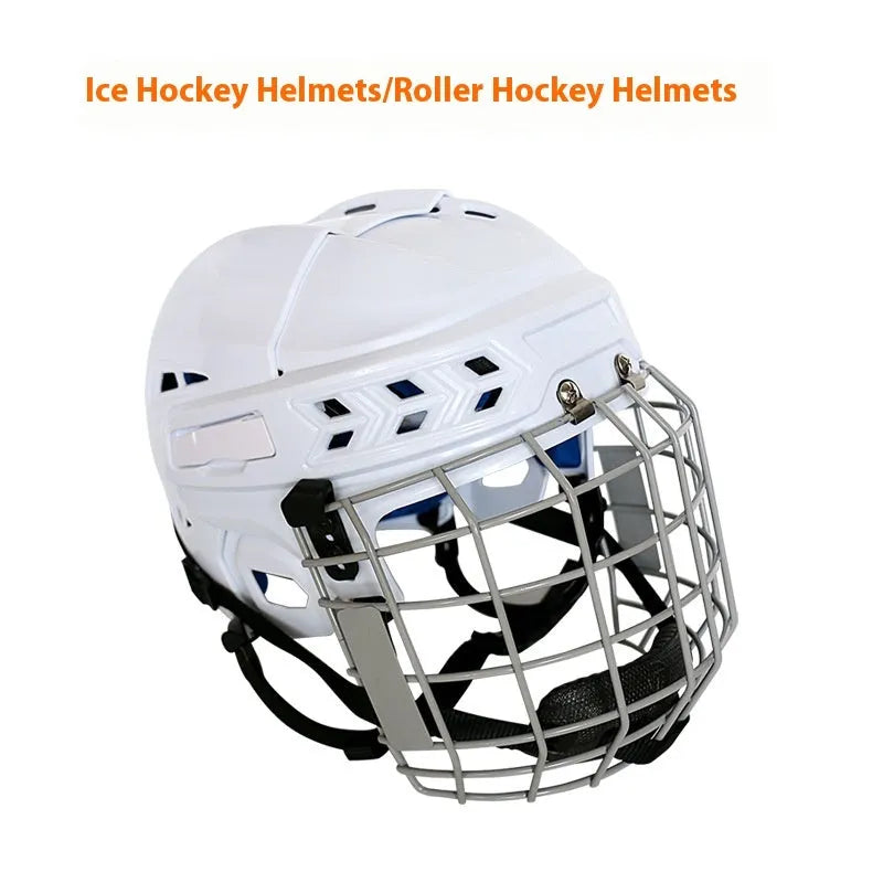 Ice hockey helmet with a carbon steel face mask on a solid colour background.
