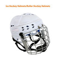 Ice hockey helmet with a carbon steel face mask on a solid colour background.