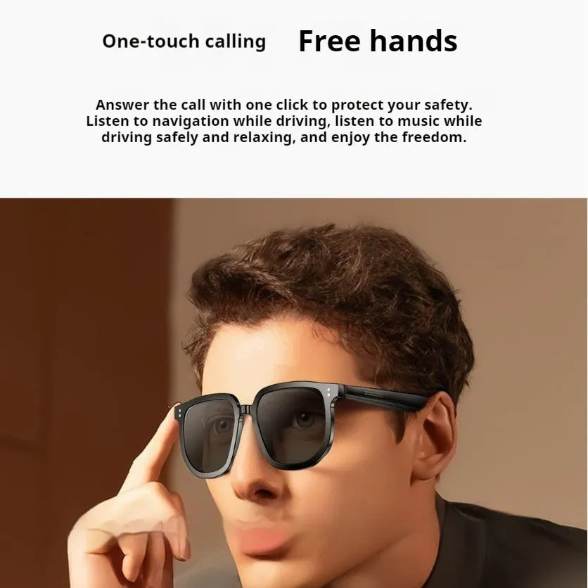 Black AI smart glasses with Bluetooth audio, touch control, and UV-protective sunglass lenses.