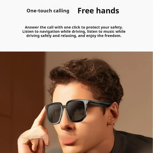 Black AI smart glasses with Bluetooth audio, touch control, and UV-protective sunglass lenses.