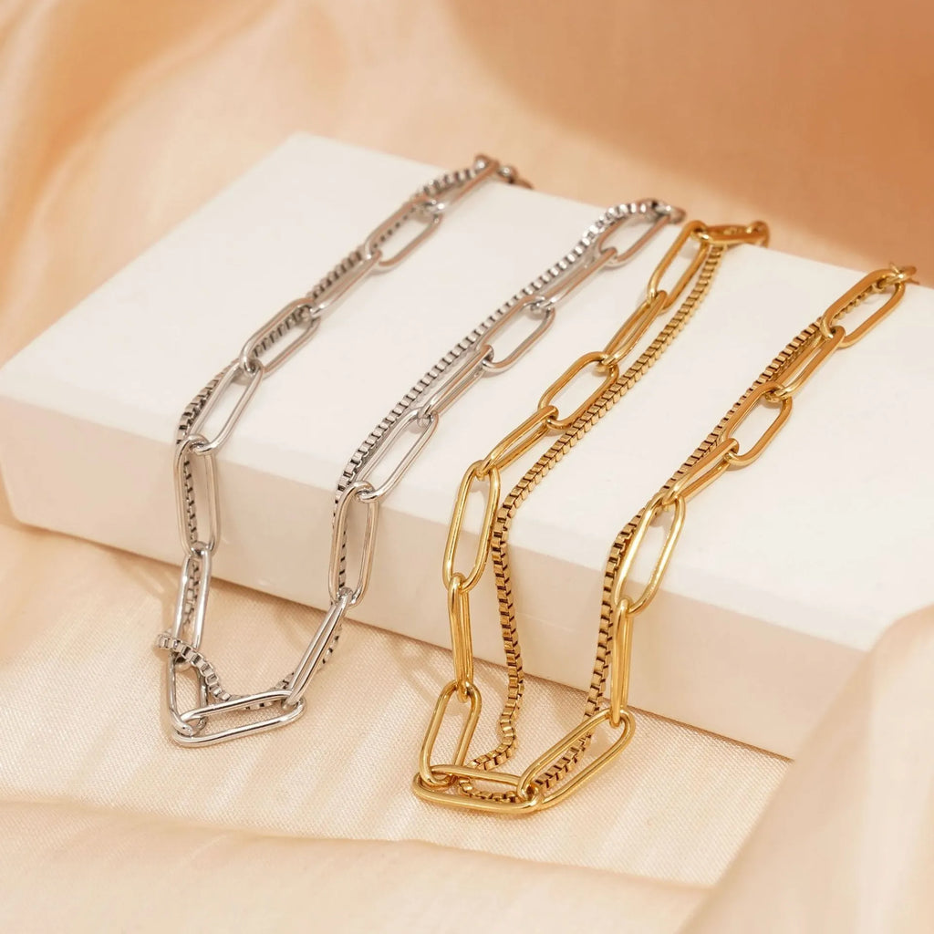 Double layer titanium steel women's bracelet with geometric design and linear patterns