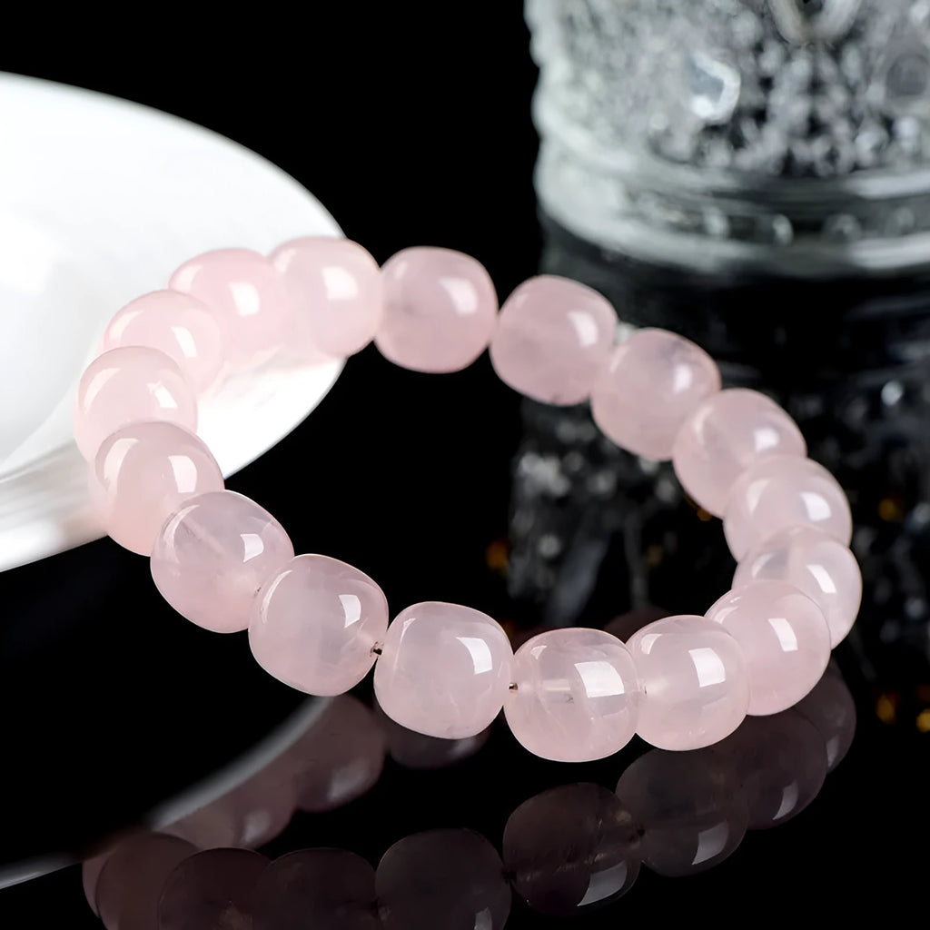 Pink bamboo crystal bracelet with 11-12mm geometric barrel beads