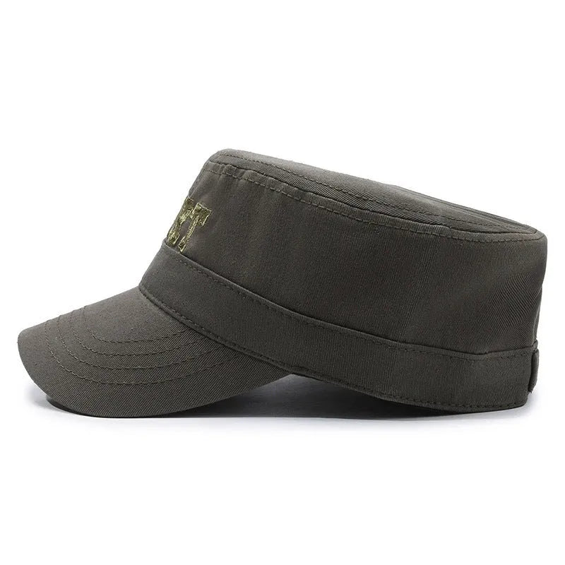 Men's adjustable cotton peaked cap in dome crown style with English letter detailing.