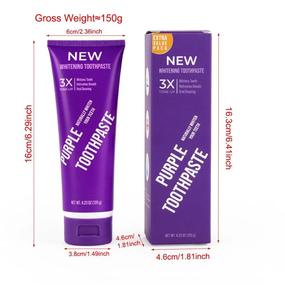 Purple whitening toothpaste tube for adults in 120g and 65g sizes for yellow stain removal.
