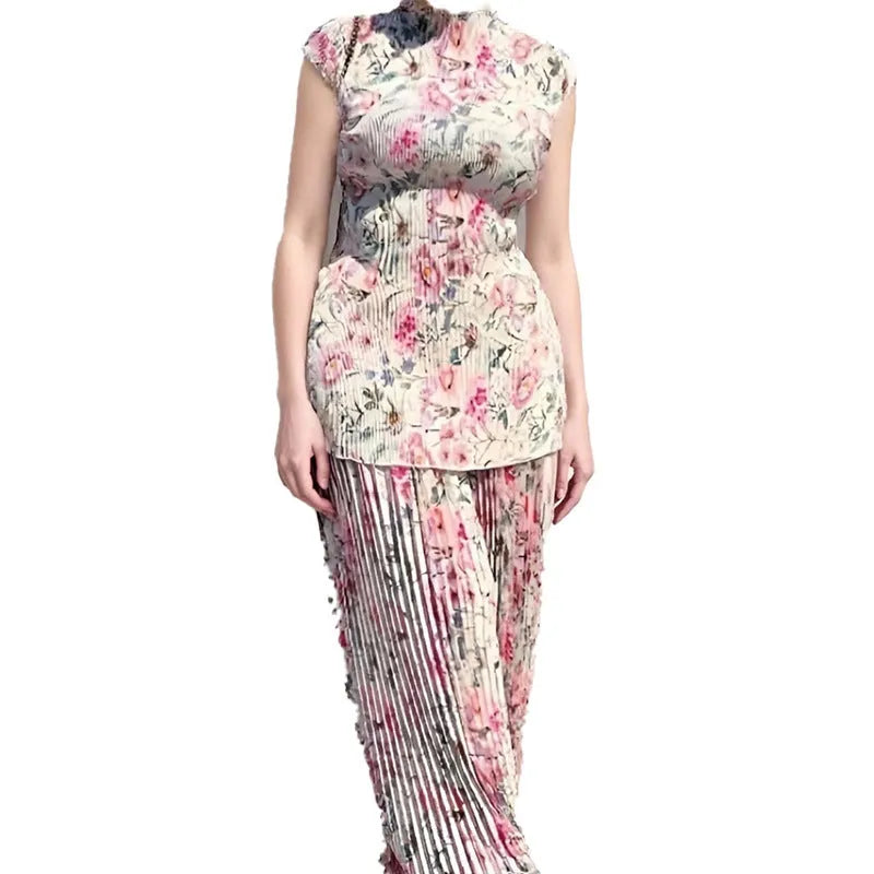 Women's printed long sleeve chiffon top with matching high-waisted skirt two-piece set