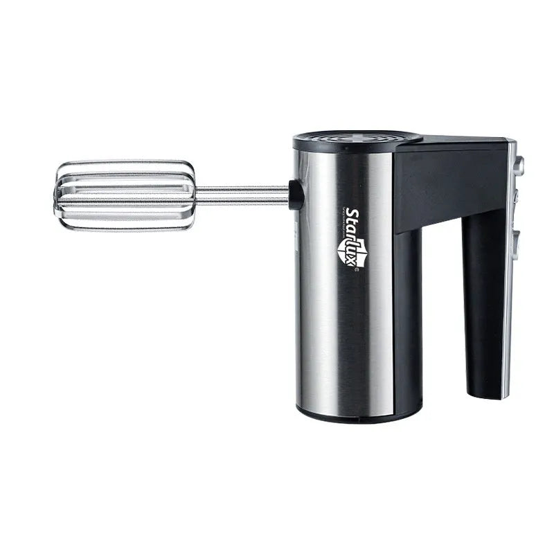 Silver handheld electric mixer with whisk attachment for baking and beating
