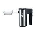 Silver handheld electric mixer with whisk attachment for baking and beating
