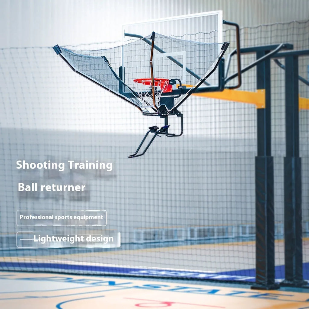 Basketball training ball return device hanging from hoop with cowhide and iron construction