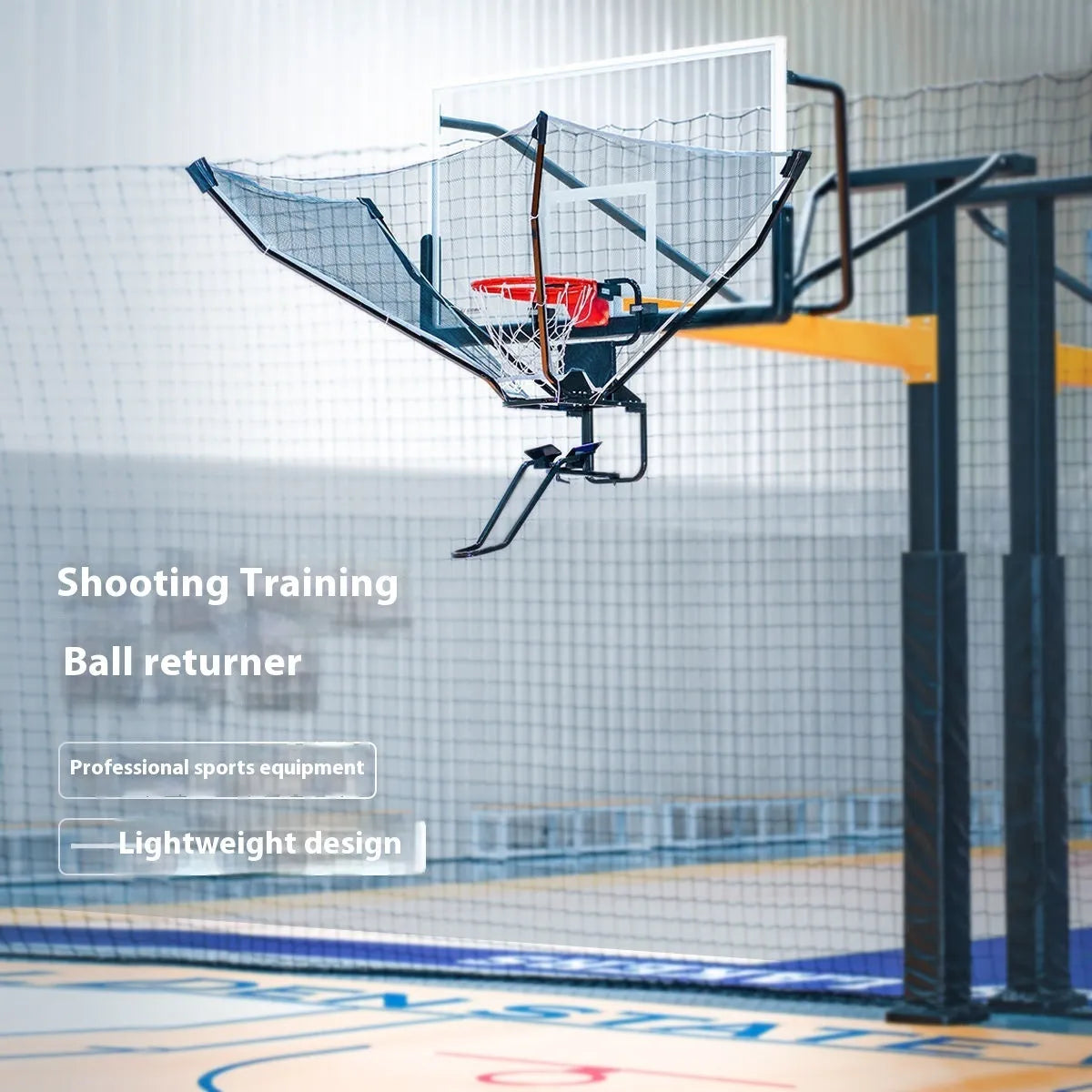 Basketball training ball return device hanging from hoop with cowhide and iron construction