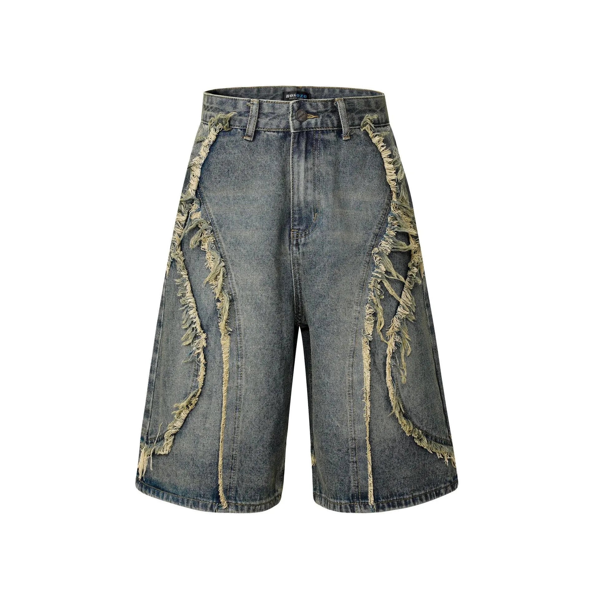 Distressed raw edge denim shorts in a straight leg cropped cut, shown in light blue colour.