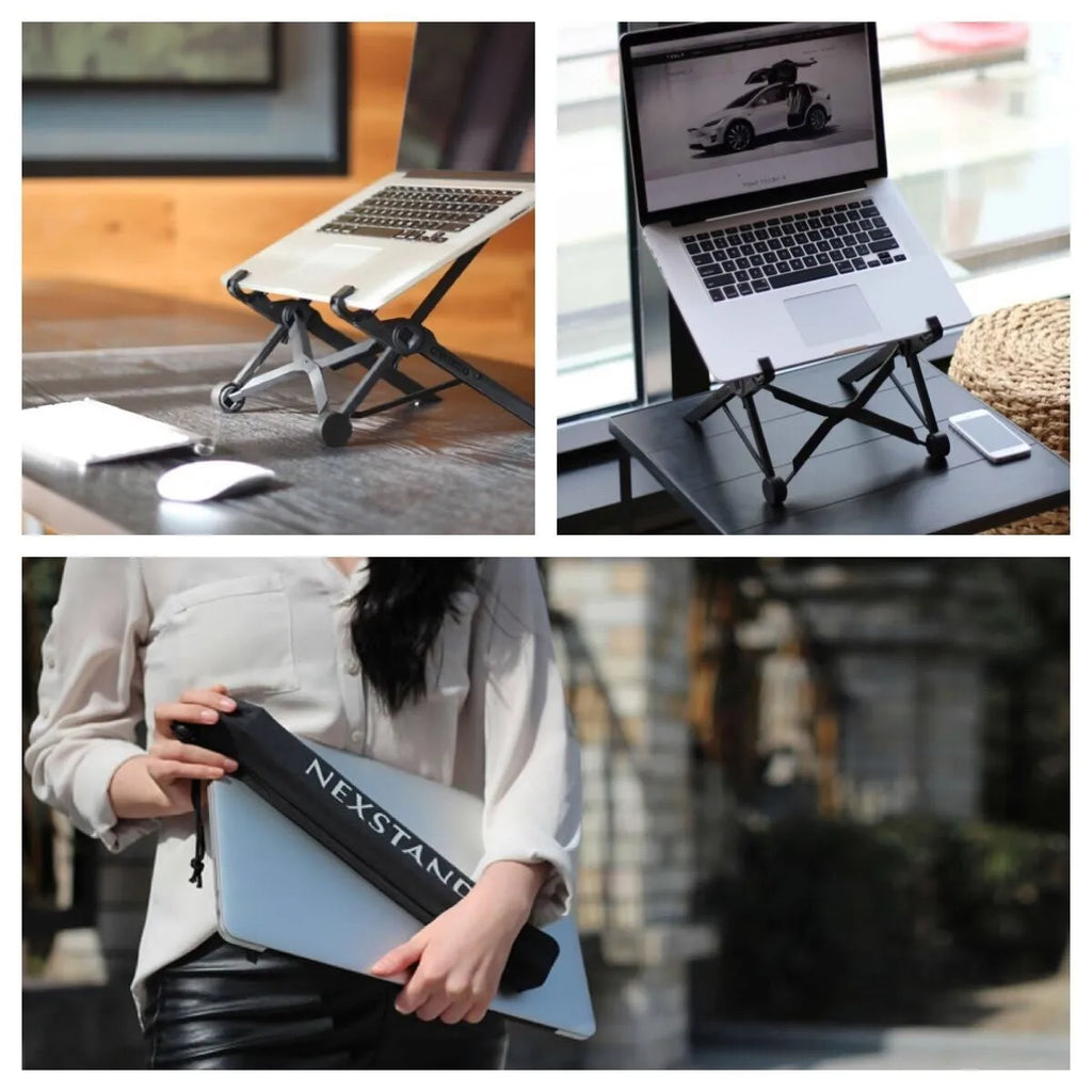 Sagacious black portable folding laptop stand with lifting function on a desk.
