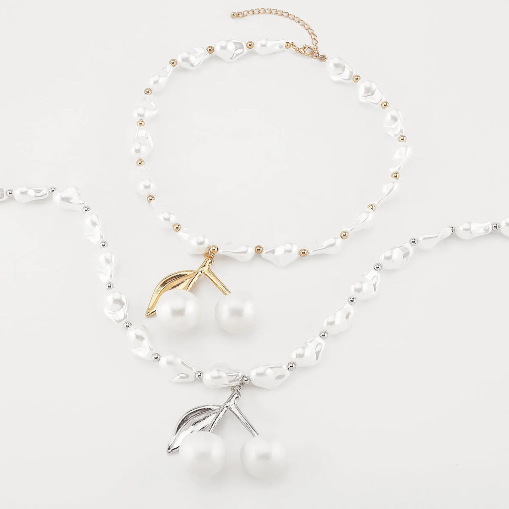 Creative cherry fruit necklace for women with adjustable pearl chain in gold or white K electroplated finish