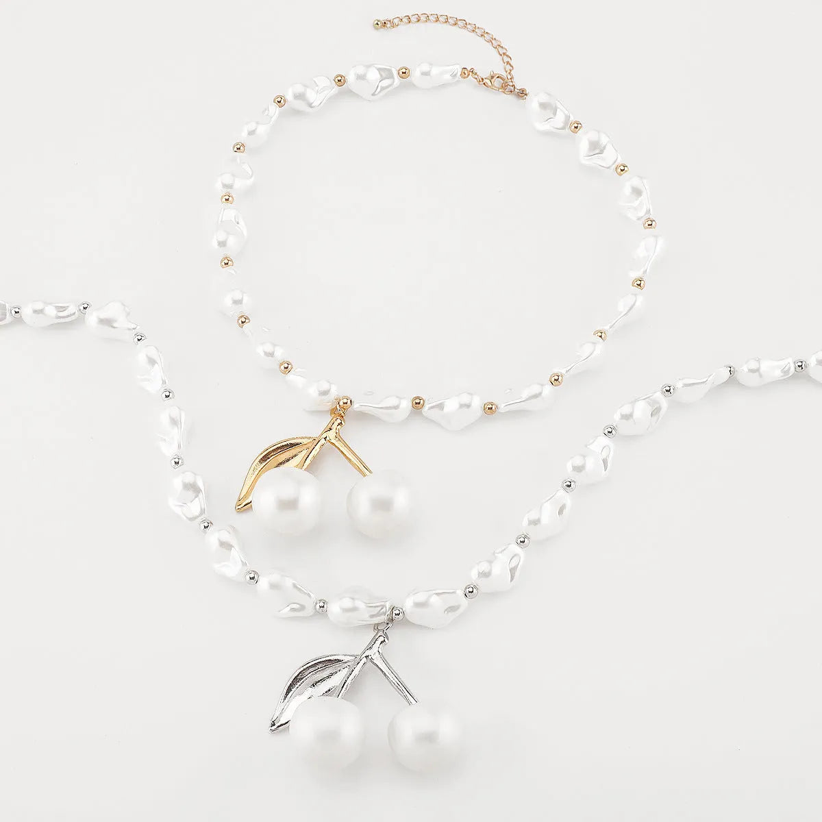 Creative cherry fruit necklace for women with adjustable pearl chain in gold or white K electroplated finish