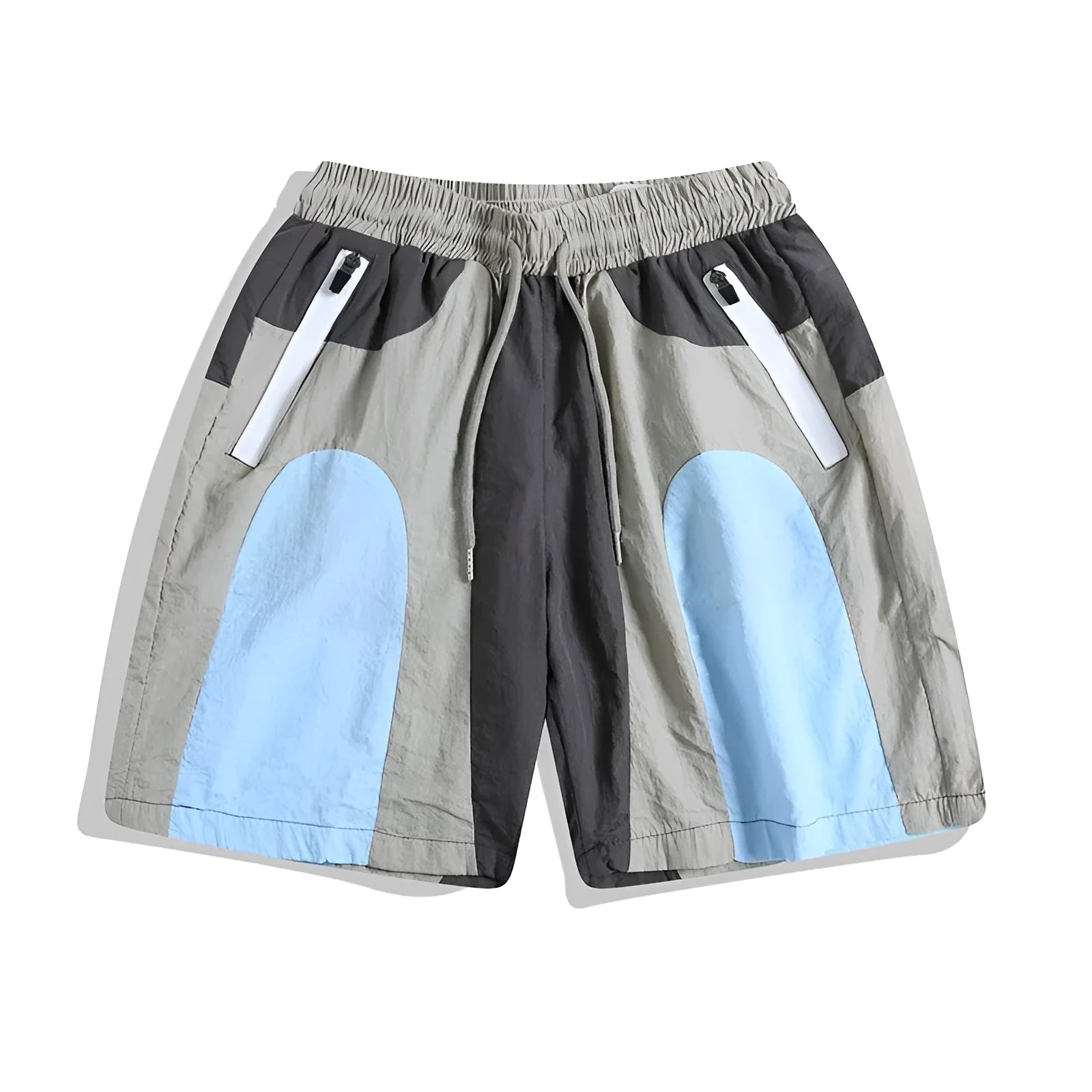 Blue patchwork men's beach shorts with elastic waist and above-knee length for outdoor sports