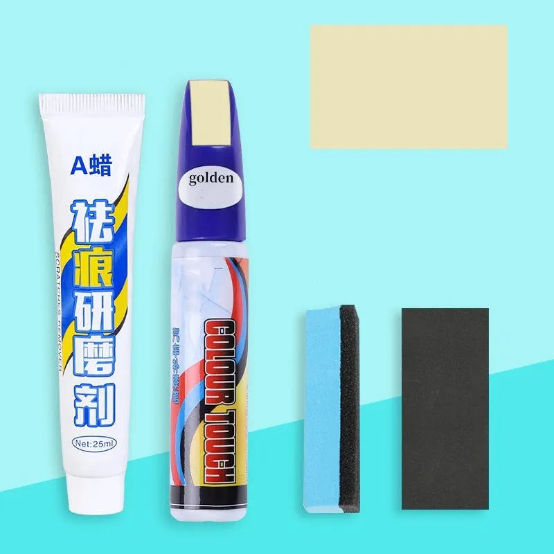 Car touch up paint pen and scratch repair kit four piece set with wax.