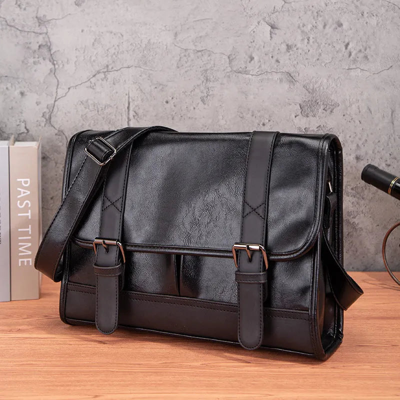 Black Korean-style men's commuter backpack with anti-theft function made from PU material