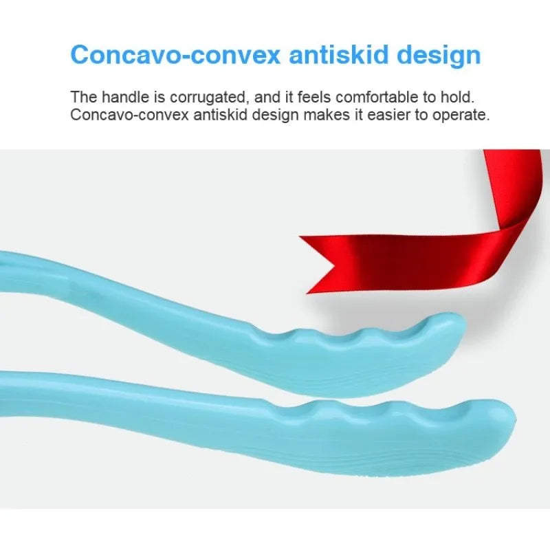 Blue plastic handheld neck and shoulder massager with adjustable stand and removable soft head on a white background.