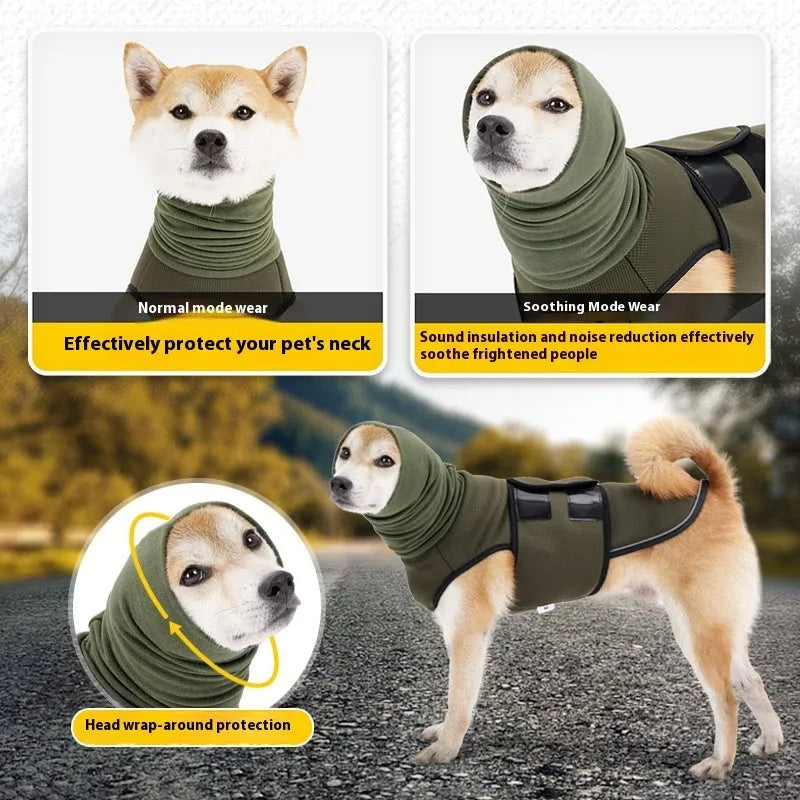 Polyester dog anti-anxiety jacket in army green or dark blue colour options