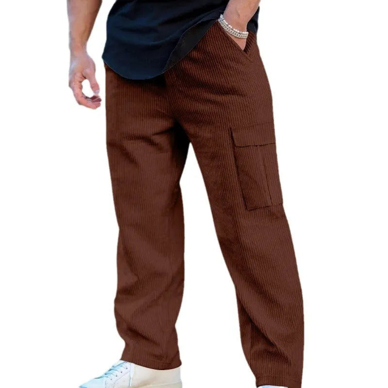 Men's straight-leg corduroy cargo trousers in a loose wide-leg fit with a drawstring waist.