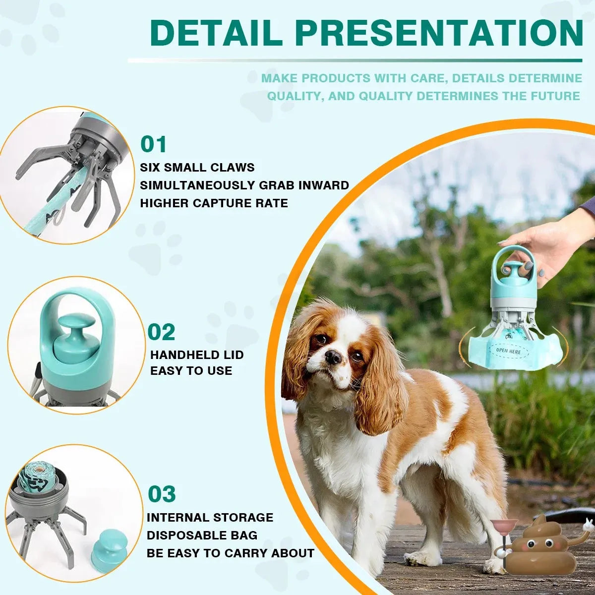 Blue pet waste scooper with claw mechanism and built-in bag dispenser for outdoor clean-up