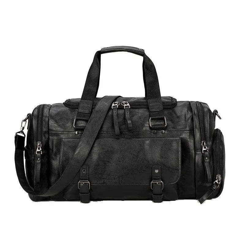 Black PU travel bag with separate shoe compartment measuring 52cm height