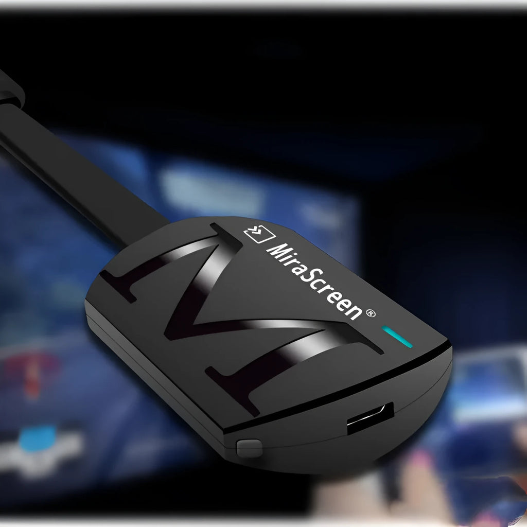 Black HD TV USB dongle device measuring 52mm by 26mm with HDMI output for 1920x1080 screen mirroring.