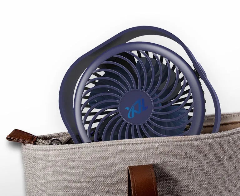 USB desk fan with alarm clock display in blue, showing rotating head on a modern base.